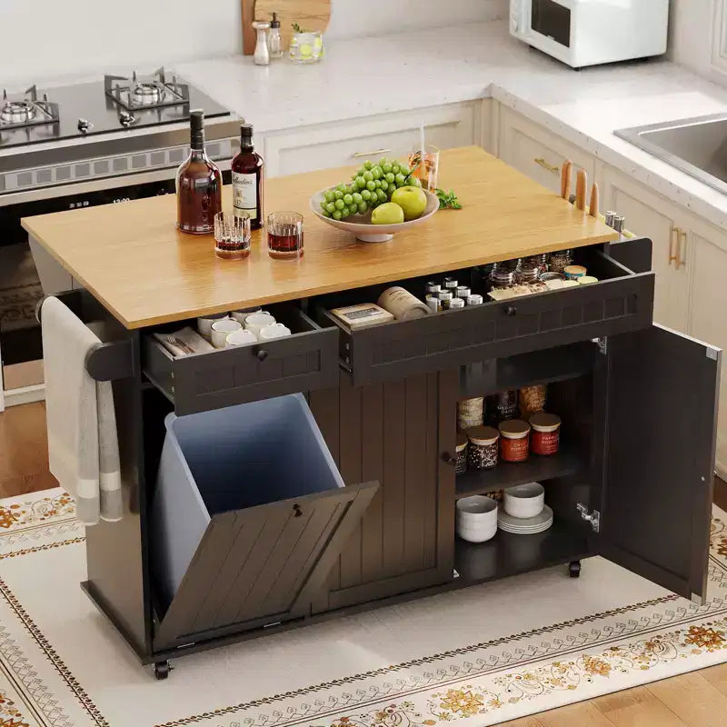 Isla móvil de 55 pulgadas con toma de corriente y mesa plegable, carrito de isla de cocina con ruedas y gabinete para almacenamiento de basura para cocina