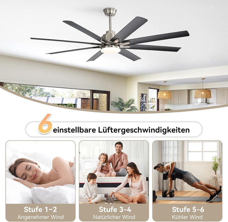 Ventilador de techo Sofucor de 132 cm con luz, ventilador de techo silencioso con luz y mando a distancia, motor CC, 8 aspas, 3 temperaturas de color, temporizador, 6 velocidades, modo verano e invierno para salón
