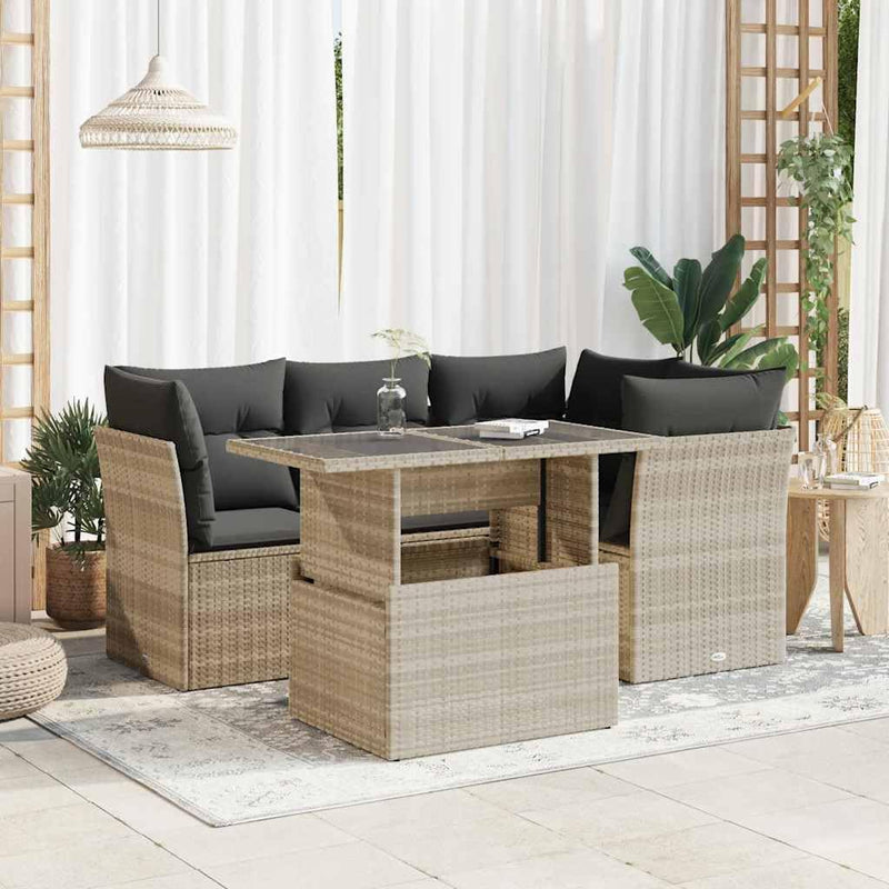 vidaXL Conjunto de sofás de jardín de 5 piezas con cojines, polirratán gris claro, conjunto de sofás de exterior, conjunto de sofás de exterior, set de salón de jardín, conjunto de sofás de jardín