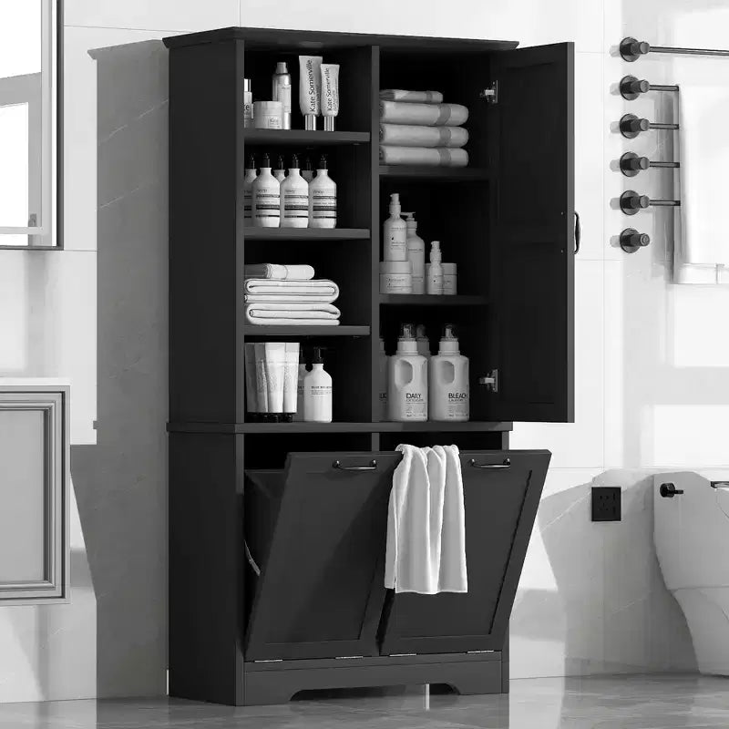Gabinete de almacenamiento para baño con puertas y cajones, cesto para ropa abatible, espacio de almacenamiento múltiple, estilo independiente