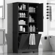 Gabinete de almacenamiento para baño con puertas y cajones, cesto para ropa abatible, espacio de almacenamiento múltiple, estilo independiente