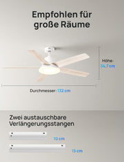 Ventilador de techo inteligente DREO con luz, 132 cm, 12 velocidades, 3 modos, iluminación LED de intensidad regulable, motor CC silencioso, temporizador de 12 horas, control remoto/APP/Alexa, para interiores, blanco