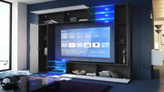 Mueble de salón Vladon Mirage, fabricado en Alemania, mueble mural con panel trasero con 2 puertas, 2 puertas abatibles y 6 estantes de cristal abiertos, negro mate/gris brillante, incluye iluminación LED (262 x 183 x 39 cm)
