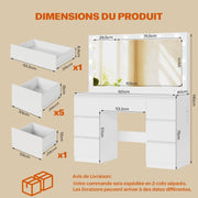 TRIUMPHKEY Tocador con espejo grande y regleta, 12 bombillas LED ajustables, mesa de maquillaje con 7 cajones, almacenamiento de joyas, cómoda grande moderna de 120x40x140 cm, blanco