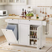 Isla móvil de 55 pulgadas con toma de corriente y mesa plegable, carrito de isla de cocina con ruedas y gabinete para almacenamiento de basura para cocina