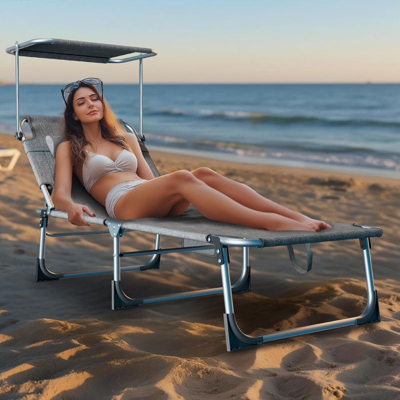 Set de 2 tumbonas plegables 194 x 68 x 29 cm, silla de aluminio con capacidad de hasta 150 kg, tumbona de playa y jardín resistente a la intemperie, con protección solar y respaldo ajustable, gris claro