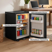 TZS First Austria - Mininevera 40L silenciosa y con cerradura - Mininevera pequeña, sentido de apertura de puerta reversible e iluminación interior - Minibar para camping, oficina, dormitorio y hotel - Negro mate