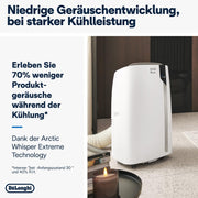 De'Longhi Pinguino PAC EM82, aire acondicionado portátil para habitaciones de hasta 80 m³, 9.400 BTU, 2,4 kW, 63 dB, función de deshumidificación, clase energética A, temporizador 24 h, blanco