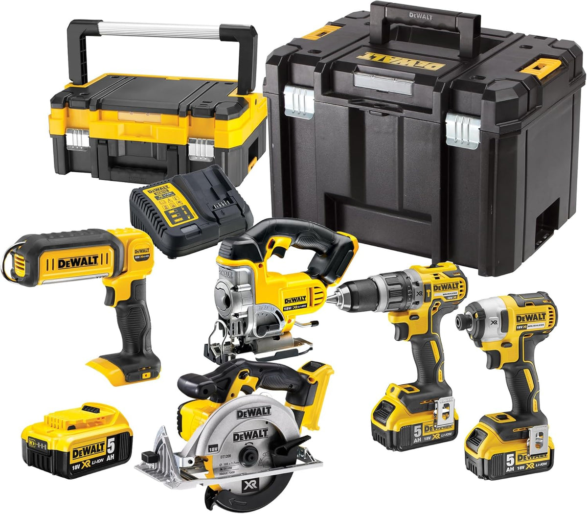 Kit de 5 herramientas XR 18V, 1 taladro atornillador, 1 atornillador de impacto de 3 velocidades, 1 sierra de calar, 1 sierra circular, 1 linterna LED, 3 baterías de 5Ah, 1 cargador y 2 maletines TSTAK, DCK551P3T-QW