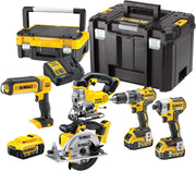 Kit de 5 herramientas XR 18V, 1 taladro atornillador, 1 atornillador de impacto de 3 velocidades, 1 sierra de calar, 1 sierra circular, 1 linterna LED, 3 baterías de 5Ah, 1 cargador y 2 maletines TSTAK, DCK551P3T-QW