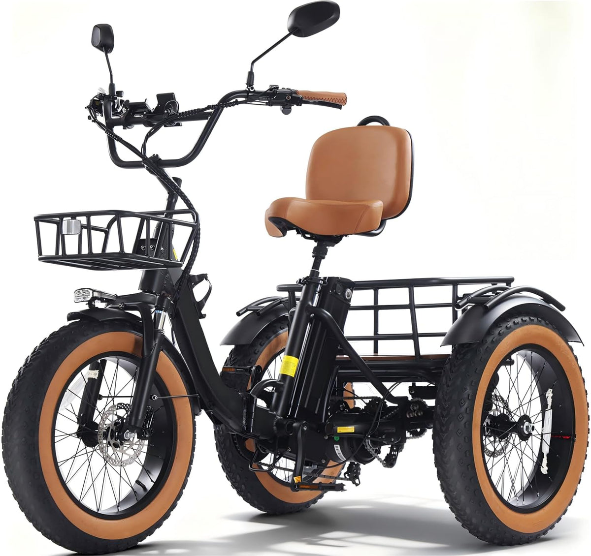 Triciclo eléctrico para adultos KAKIGO, neumáticos anchos de 20”x4”, bicicleta eléctrica plegable de aluminio, motor de 250W, 95 Nm, batería de 48V 15.6Ah, 20 km/h, cesta delantera y trasera, diferencial, 90 km de autonomía
