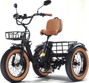Triciclo eléctrico para adultos KAKIGO, neumáticos anchos de 20”x4”, bicicleta eléctrica plegable de aluminio, motor de 250W, 95 Nm, batería de 48V 15.6Ah, 20 km/h, cesta delantera y trasera, diferencial, 90 km de autonomía