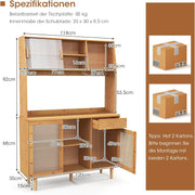 Aparador con alacena COSTWAY, armario de cocina de bambú, buffet de cocina con puerta corredera, puerta de ratán, ganchos, soporte para copas y cajón, armario despensa, vitrina estilo rústico, natural