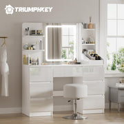 TRIUMPHKEY Tocador Moderno Blanco de Alto Brillo, Espejo LED con Luz Ajustable, Gran Espacio de Almacenamiento, Mesa de Maquillaje con 7 Cajones, 3 Compartimentos, 4 Estantes Abiertos