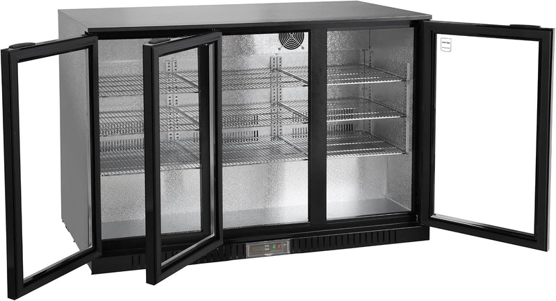 Enfriador de botellas METRO Professional GBC3003, aluminio/vidrio, 135 x 53 x 86,5 cm, 308 L, estantes ajustables, descongelación automática, iluminación LED, negro