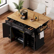 54 Isla de cocina grande con ala abatible de madera de caucho, carro de cocina rodante con textura repujada sobre 4 ruedas con 4 puertas y 3 cajones