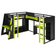 Litera tipo loft en forma de L para juegos con escritorios, litera doble con luces LED, puertos USB, estanterías de almacenamiento, cama alta esquinera de madera para 2 personas