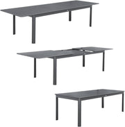 sweeek - Mesa de jardín extensible de aluminio + 10 asientos de aluminio y textileno antracita. 8 sillas. 2 sillones. 10 plazas. 290 x 100 x 75 cm