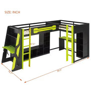 Litera tipo loft en forma de L para juegos con escritorios, litera doble con luces LED, puertos USB, estanterías de almacenamiento, cama alta esquinera de madera para 2 personas