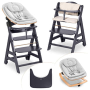 Hauck Trona Beta+ Newborn Set Eco Bouncer - Trona de madera evolutiva para bebés desde el nacimiento, incluye accesorio para recién nacidos, cojín de asiento y bandeja - Gris oscuro