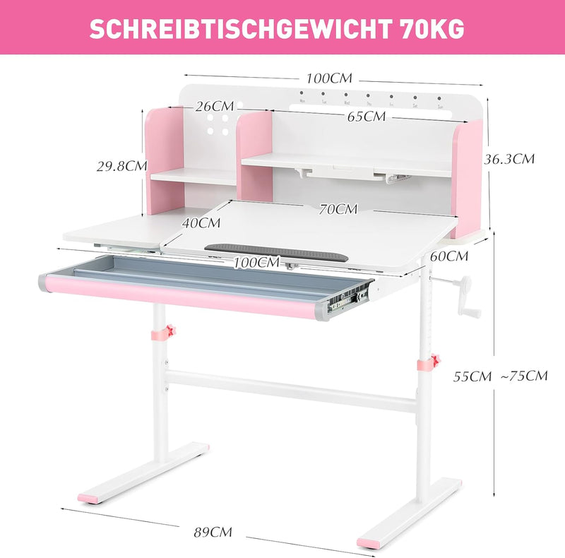 Escritorio infantil ajustable en altura JOYLDIAS, mesa de estudio para niños con estanterías, escritorio inclinable, escritorio escolar multifuncional con cajones y ganchos, superficie de mesa de 100 x 60 cm