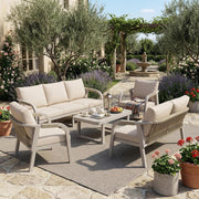 Conjunto de muebles de jardín para 7 personas, set de muebles de exterior para terraza y balcón con sofá de jardín y mesa de centro, grupo de asientos para salón de jardín con cojines, hierro galvanizado, beige