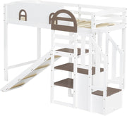 Kinderbett Etagenbett 90x200,Hausbett Hochbett mit Rutsche&Regal&Stauraum Treppe,Bettgestell mit Rausfallschutz&Lattenrost, Funktionsbett Stockbett Spielbett Jugendbett,Kiefernholz,Ohne Matratze,Weiß