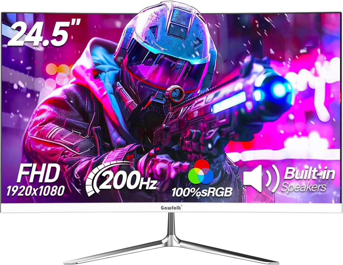 Monitor para PC Gawfolk de 24.5 pulgadas Full HD (1920x1080), 200Hz, 1ms, 3000R Eye Care y FreeSync, compatible con VESA: ¡el monitor para PC ideal! HDMI, DP, protección ocular, inclinable, VESA 75x75