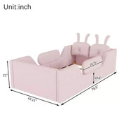 Cama plataforma doble Whisen, cama de suelo tapizada para niños con cojín de conejo, barandillas laterales extraíbles
