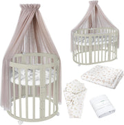 Cuna ovalada evolutiva Waldin, set completo 7 en 1, cuna de barrotes, cama infantil con colchón, cambiador, cuna colecho, madera blanca