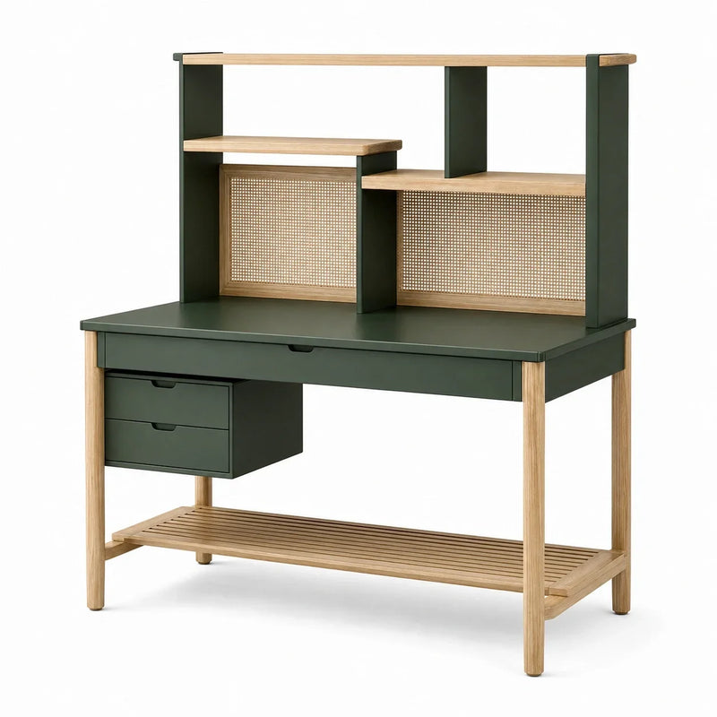Escritorio de MDF y madera de roble con parte trasera de ratán, verde oscuro, 120 cm