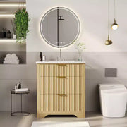 Conjunto de tocador de baño moderno estriado con lavabo de cerámica integrado, mueble de baño independiente con 3 cajones para baño contemporáneo