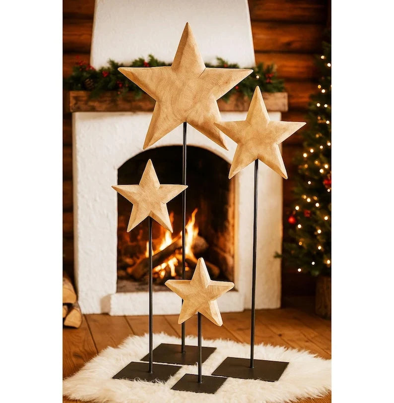 Estrella de madera sobre soporte de hierro, 4 tamaños, maciza, decoración invernal natural