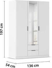 Rauch Möbel Lagoa, armario, ropero para dormitorio, habitación infantil, habitación juvenil, 3 puertas con espejo, 2 cajones, con accesorios básicos, color blanco, ancho 136 cm