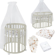 Cuna ovalada evolutiva Waldin, set completo 7 en 1, cuna de barrotes, cama infantil con colchón, cambiador, cuna colecho, madera blanca