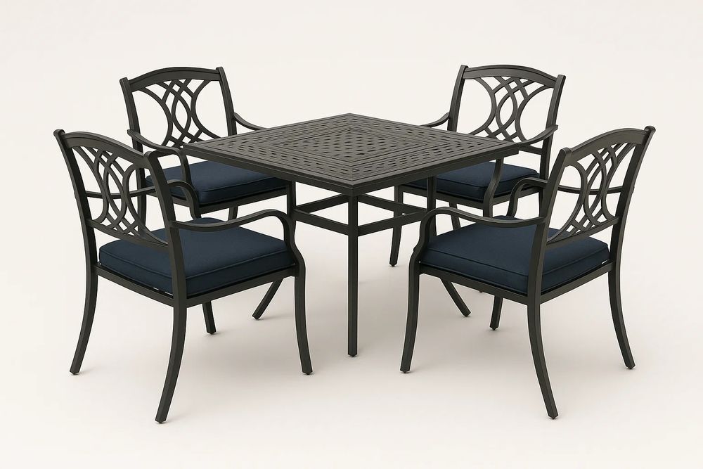 Juego de mesa cuadrada de metal negro con 4 sillas y cojines azules