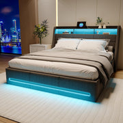 LIVLUX Cama con canapé 140x190 con somier LED y USB, cama doble tapizada con almacenamiento hidráulico, cama para 2 personas para adultos y adolescentes, lino gris claro, 140 x 190 cm