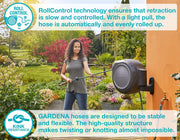 GARDENA 08045 Portamangueras de pared retráctil de 20 m, montaje en pared, retracción automática y bloqueo de longitud para un riego fácil. Soporte giratorio resistente de 180°, boquilla