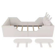 Cama plataforma doble Whisen, cama de suelo tapizada para niños con cojín de conejo, barandillas laterales extraíbles