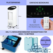 Enfriador de aire Klarstein con refrigeración por agua, enfriador evaporativo 4 en 1 silencioso, humidificador, ventilador y modo nocturno, aire acondicionado portátil de 7 L, enfriador de aire de 65 W, flujo de aire refrigerante de 330 m³/h