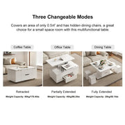 Mesa de centro elevable y plegable con 4 taburetes y almacenamiento