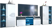 Mueble de salón Vladon Davos, compuesto por 2 vitrinas y 1 mueble para TV, antracita mate/blanco brillo, incl. iluminación LED (329 x 134 x 35 cm)
