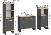 Set de muebles de baño Vicco Karli, antracita/roble dorado, 131.4 cm, compuesto por mueble bajo lavabo, armario con espejo y armario columna
