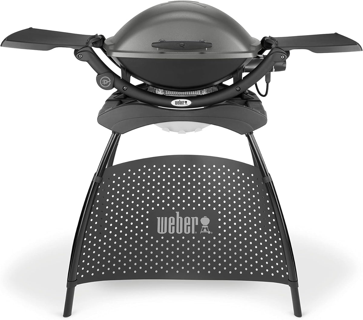 Barbacoa eléctrica Weber Q2400 con soporte y mesas laterales, superficie de cocción de 54 x 39 cm, portátil, parrilla de cocción de hierro fundido vitrificado dividida en 2 partes, tapa y cuerpo de aluminio fundido - Gris oscuro (55020879)