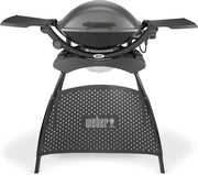 Barbacoa eléctrica Weber Q2400 con soporte y mesas laterales, superficie de cocción de 54 x 39 cm, portátil, parrilla de cocción de hierro fundido vitrificado dividida en 2 partes, tapa y cuerpo de aluminio fundido - Gris oscuro (55020879)