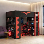 Cama tipo loft para juegos Luxystar Modern con escritorio iluminado, bandeja para teclado, tablero perforado y estantería de almacenamiento