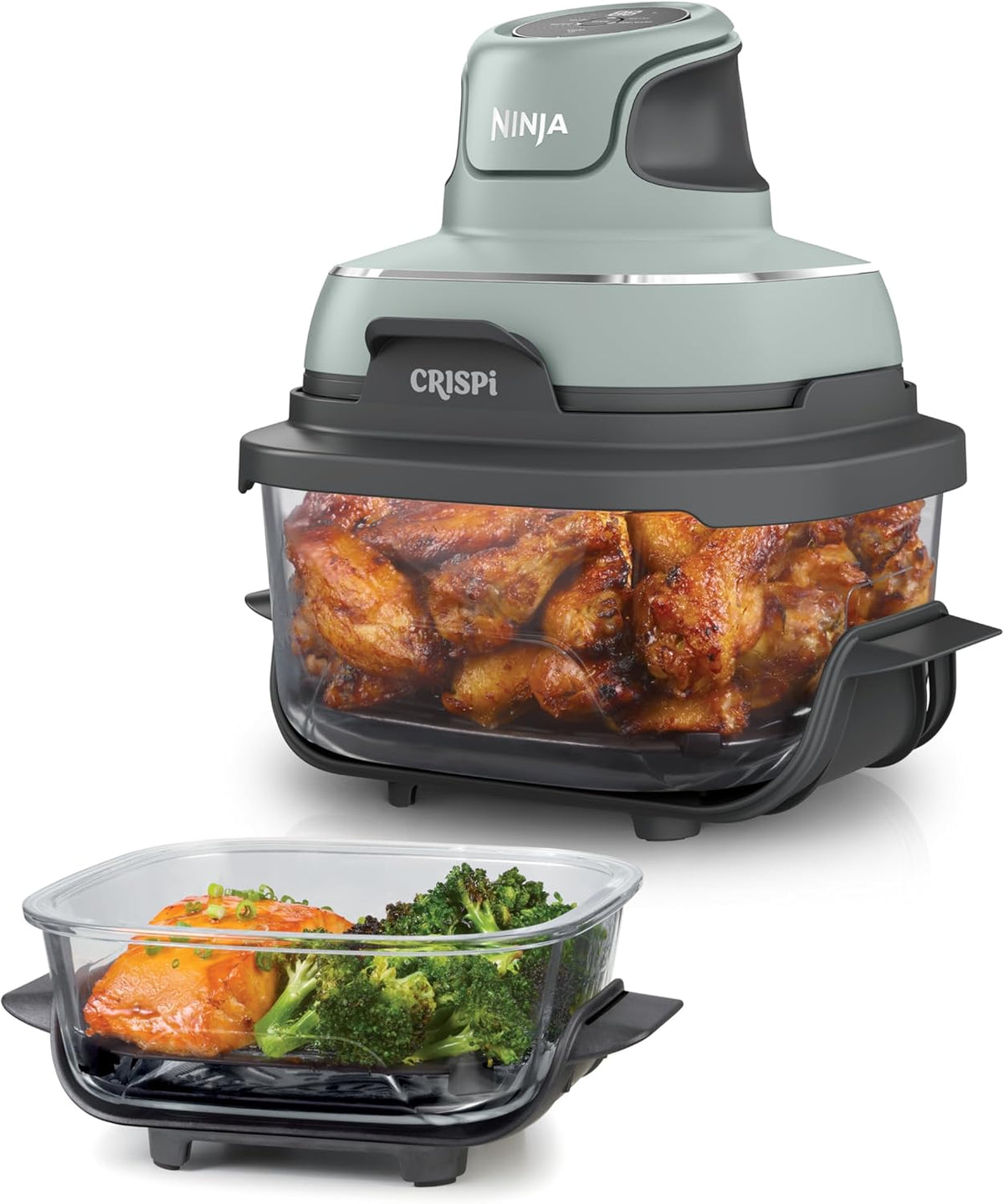 Freidora de aire portátil Ninja CRISPi, 3,8 L, 4 en 1: Freír sin aceite, Asar, Mantener caliente, Recrujiente, Diseño compacto, 2 recipientes con tapas, 1700 W, Salvia FN101EUSG