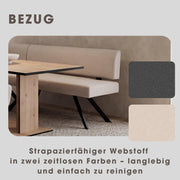 Banco esquinero byLIVING Toronto, tapizado en color topo, estructura en negro, forma en L con lado largo a la derecha, muelles ensacados, banco de cocina, banco de comedor, medidas: An 182, Al 85, Pr 128 cm