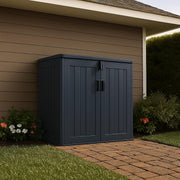Caja para cubos de basura Koll Living Soraya de 775 litros, de plástico con aspecto de madera – bloqueable, resistente a la intemperie, resistente a los rayos UV, con amortiguadores de gas – Negro/Gris