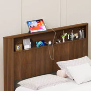 Estructura de cama ModernLuxe tamaño Queen/Full XL con cabecera de almacenamiento, estación de carga integrada, diseño ondulado, soporte silencioso